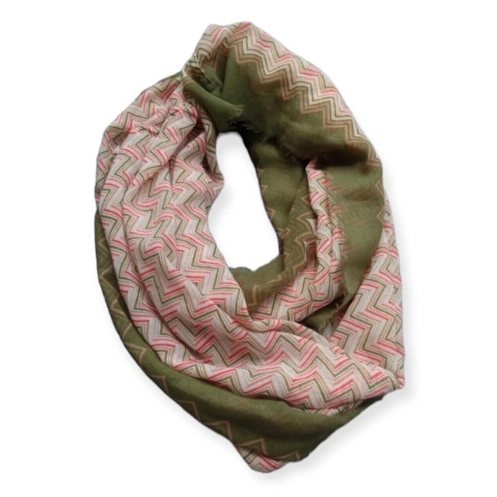 Womens Green Chevron Zig Zag Infinity Scarf Lightweight Snood Fringe Neckwear